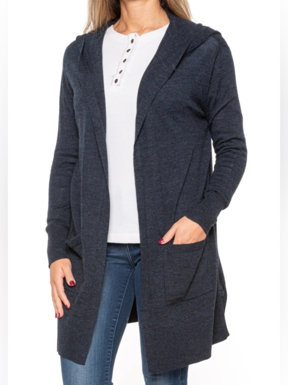 Rachel Roy Merino Wool Long Hooded Open Cardigan Sweater with Pockets - Picture 15 of 16